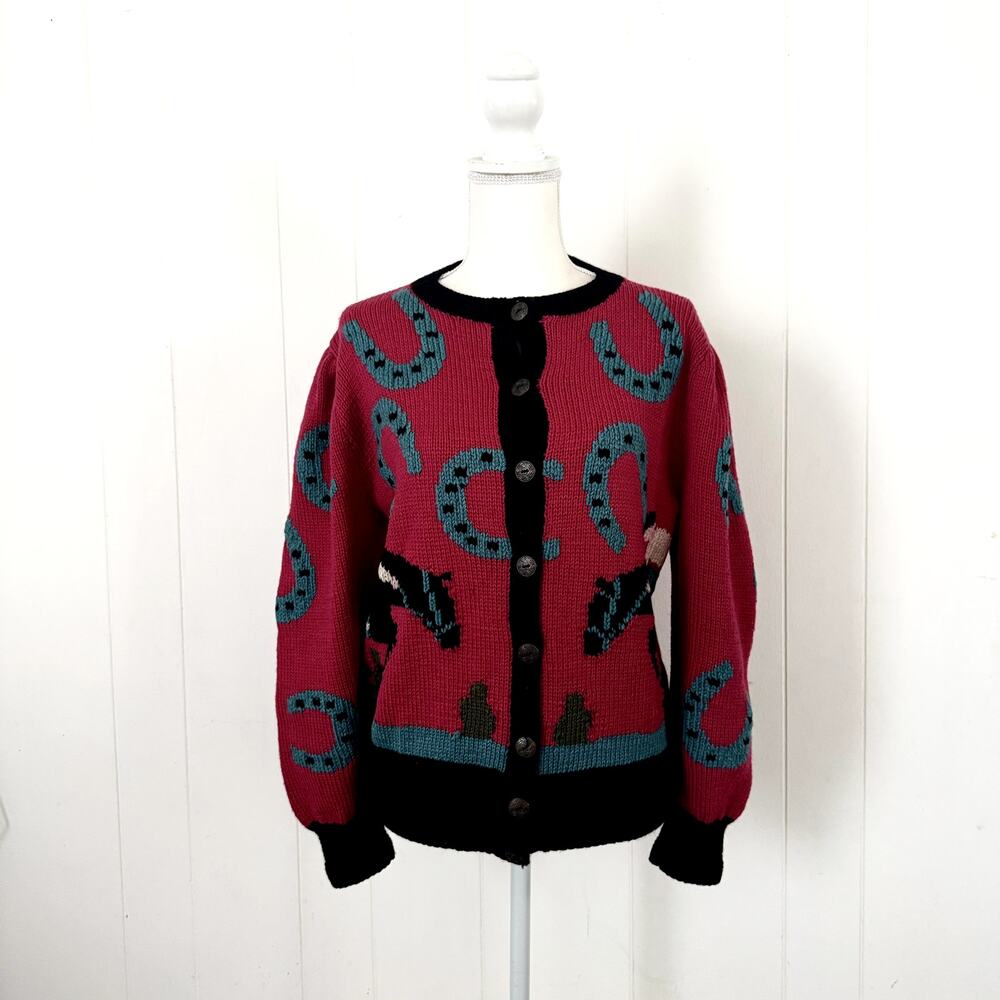 Vintage Berek Horseshoe Jockey Hand Knit Wool Western Cardigan Sweater